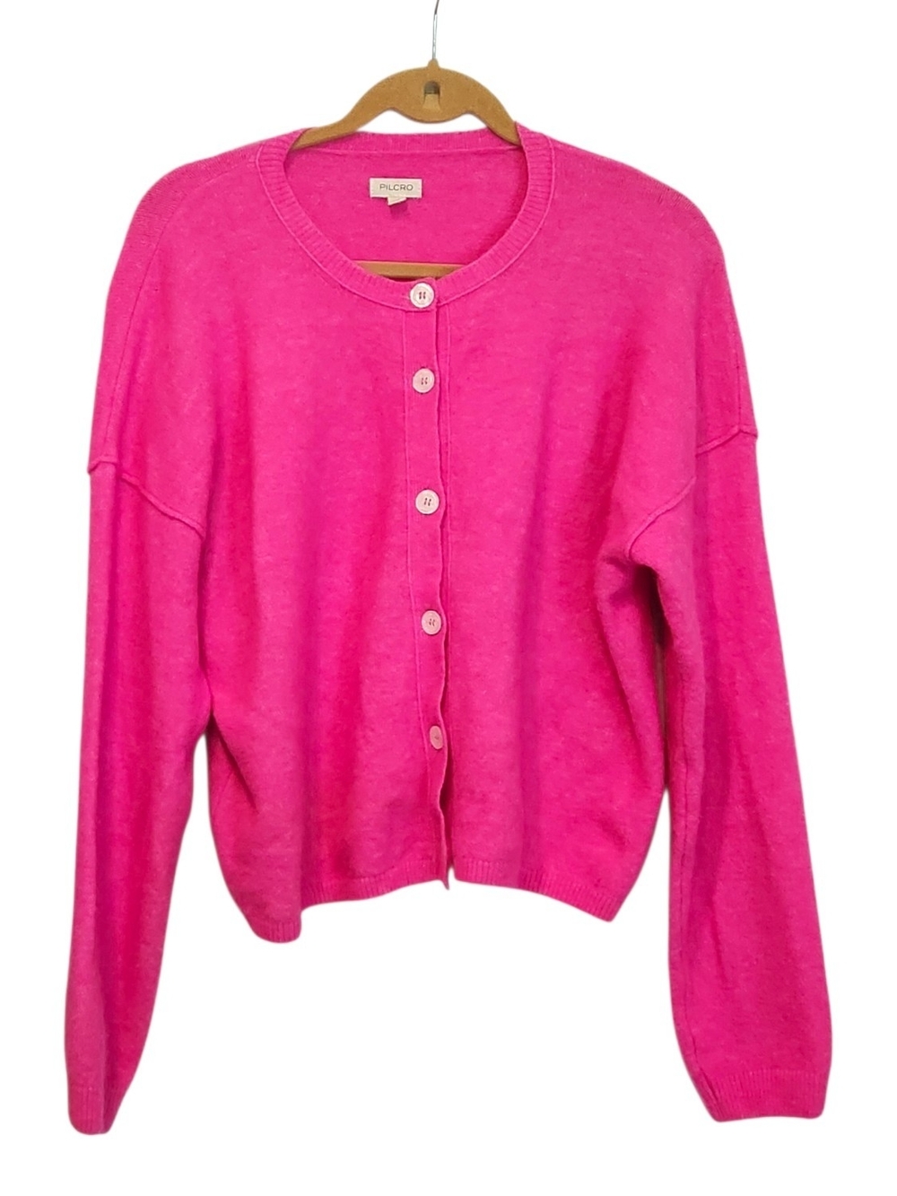 Anthropologie Pilcro Bright Pink Fuzzy Knit Cardigan Wool Blend XL Barbiecore
